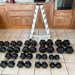 Rubber Hex Dumbbell Set + Upright Dumbbell Storage Rack