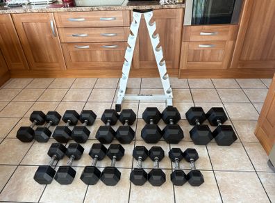 Rubber Hex Dumbbell Set + Upright Dumbbell Storage Rack