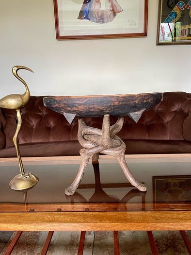 Unique Vintage Wooden African Tribal Art Decor Hand made bowl on Tripod folding Stand