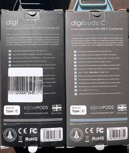 2 brand new still in box BOOMPODS DIGIBUDS C in ear earphones with USB-C connection. RRP 29.95. Price for 2 is 31 euros inclusive of registered post