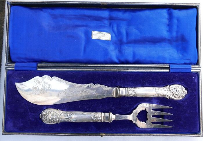 Antique Large Ornate Silver plate Fish server set McDowell's of Dublin Floral etched with original box