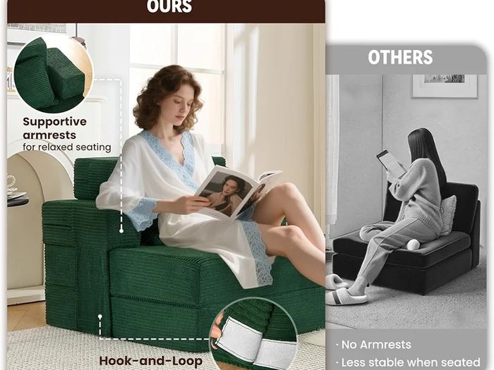 Sofa Bed Single Convertible Chair Bed with Pillow & Armrests, Foldable Futon Mattress with Back Support, Boneless Sofa Bed for Living Room and Bedroom, Dark Green