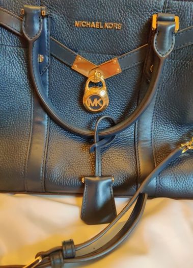 Michael Kors Nouveau Hamilton Medium Zip Satchel Crossbody Navy Faux leather