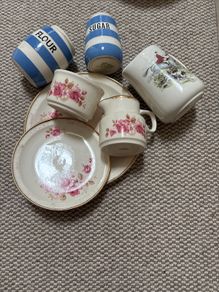 Vintage Carrigaline Pottery - 7 pieces- Blue Striped Jars, The Case Jug and other pieces