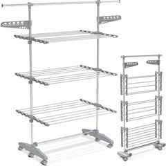 Large 3 Tier Clothes Airer, Laundry Drying Rack Foldable Stainless Steel Clothes Horse for Indoor Outdoor