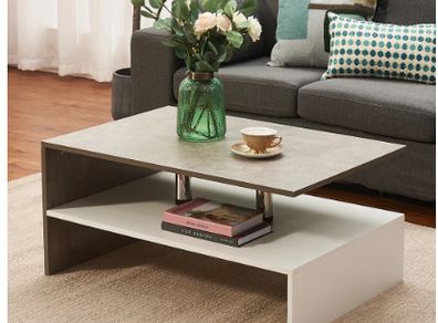 BRAND NEW Coffee Table 2 Tiers Book Sundries Storage Shelf with 2 Pillars Living Room Table Sofa Table Concrete White 90x60cm