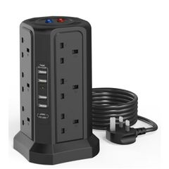 Extension Lead with USB Slots 1.8M and 18W USB C Fast Charger, (13A 3250W) 5 USB Ports and 12 Way Extension Tower, Surge Protection Extension Lead with Switch, Extension Cable for Home, Office