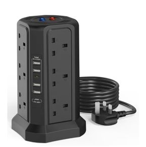 Extension Lead with USB Slots 1.8M and 18W USB C Fast Charger, (13A 3250W) 5 USB Ports and 12 Way Extension Tower, Surge Protection Extension Lead with Switch, Extension Cable for Home, Office