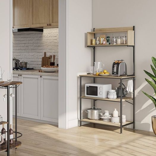 80cm Bread Rack & Microwave Rack with 4 Shelves, Multi-functional Coffee Bar Shelf, 8 Side Hooks, Open Shelf Suitable for Kitchens, Dining Rooms, Living Rooms (oak)