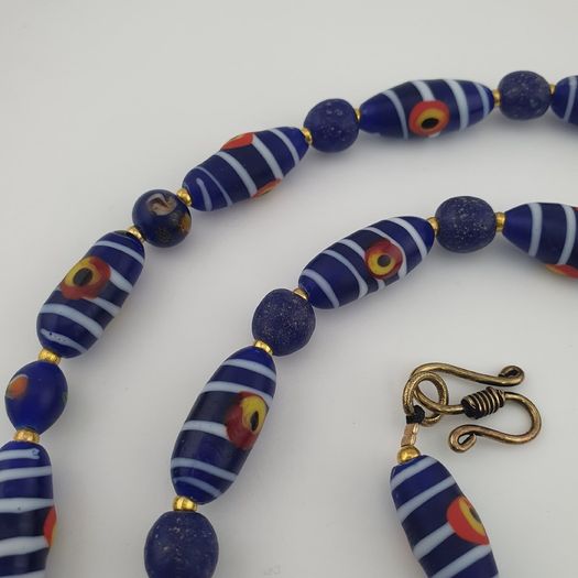 Antique Venetian African Style Stripe Eyes & Blue Glass Beads Necklace