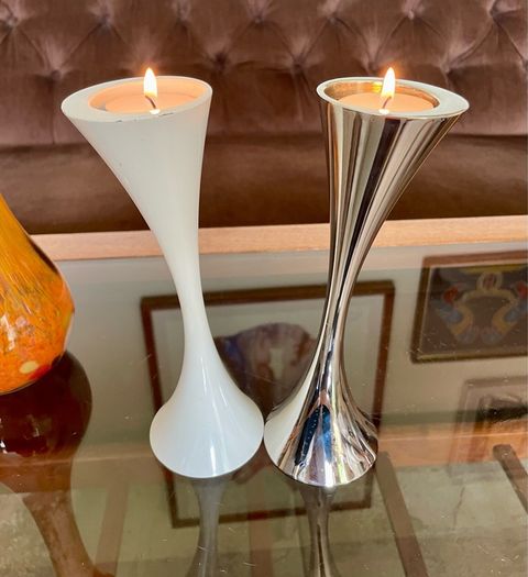 Vintage 20th Century Heavy Asymmetrical Stainless Steel and White Enamel Pair Of Candle Holders