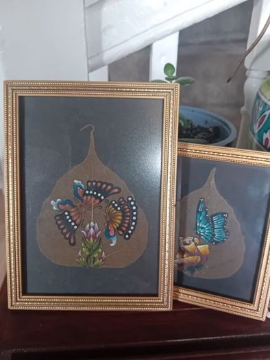 A pair of Vintage handpainted Peepal Leaf Paintings