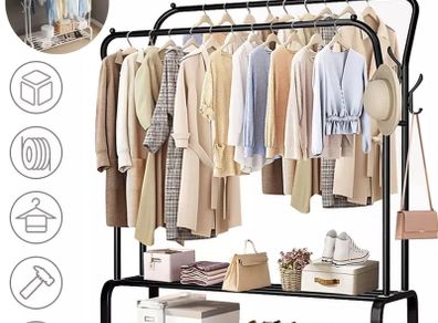NEW Double Clothes Rail Rack with Shelves