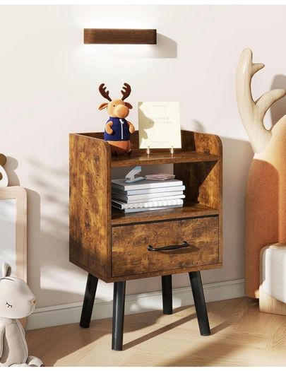 Bedside Table Set of 2, Nightstand, Side Table, Wooden Sofa End Table with Fabric Drawer, Open Shelf, Solid Wood Legs, 39x29x63 cm, for Bedroom, Living Room, Rustic Brown
