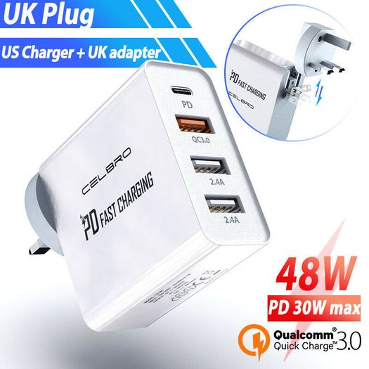 CELBRO QC 3.0 & PD/QC4.0 USB 4 Ports Wall Fast Charger 48W [3 Power Plugs (US/EU/UK)] (Brand New/Warranty)
