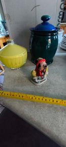 3 spreat items- Vintage Disney Mickey Mouse Figurine Fire Chief Fireman Hydrant Hose 3.5 inchs Korea 12.00 euro. 2 -  Denby Metz Storage Jar + Lid 38.00 euro. 3 - Candy, sugar, or trinkets yellow, ribbed glass storag and lid 32.00 euro.