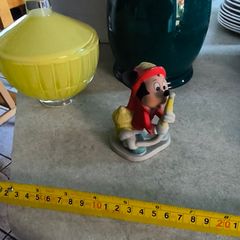 3 spreat items- Vintage Disney Mickey Mouse Figurine Fire Chief Fireman Hydrant Hose 3.5 inchs Korea 12.00 euro. 2 -  Denby Metz Storage Jar + Lid 38.00 euro. 3 - Candy, sugar, or trinkets yellow, ribbed glass storag and lid 32.00 euro.