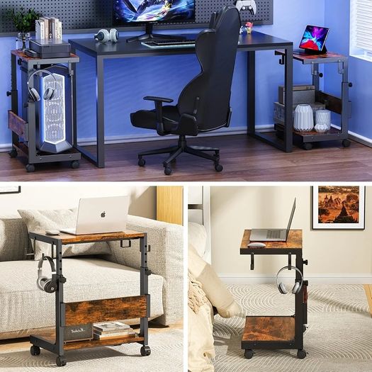 Height Adjustable Computer Tower Stand with 2-Tier ATX-Case Cart, Floor Standing Computer stand, With Storage Space, locking casters, fits most computers (Dark Brown, W44 x D30 x H44-59.5cm)