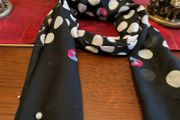 Samoon. FURTHER REDUCED.   Scarf In Black With White Polka Dots And A Littlle  Blue and Pink Also , With Decorative Pearls At The End