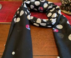 Samoon. FURTHER REDUCED.   Scarf In Black With White Polka Dots And A Littlle  Blue and Pink Also , With Decorative Pearls At The End