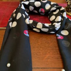 Samoon. FURTHER REDUCED.   Scarf In Black With White Polka Dots And A Littlle  Blue and Pink Also , With Decorative Pearls At The End