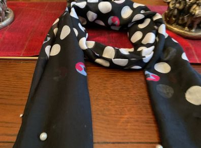 Samoon. FURTHER REDUCED.   Scarf In Black With White Polka Dots And A Littlle  Blue and Pink Also , With Decorative Pearls At The End
