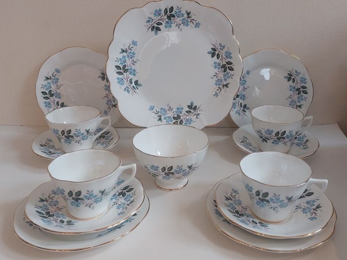 Beautiful Vintage Clare Bone China 14 Piece Teaset for Four in a Beautiful Blue Floral Pattern, Pattern Number 3045