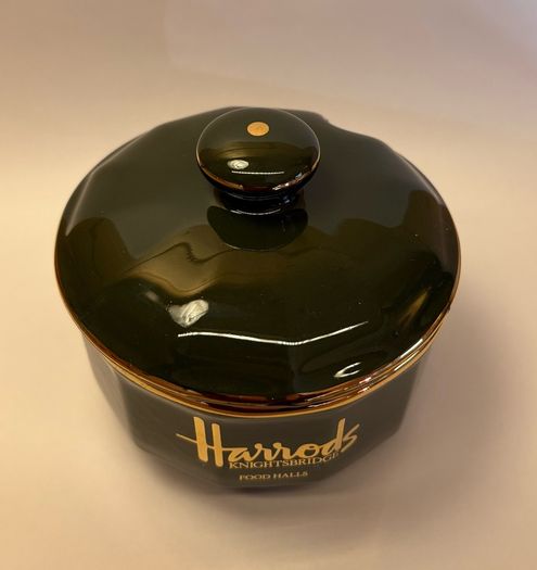 Vintage Harrods Food Halls Apilco France Lidded Preserve Pot / Sugar Bowl Green & Gold