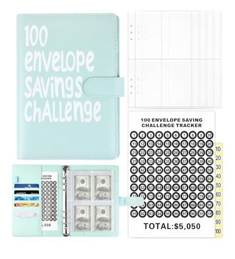 Money Saving Book with Mark Stickers,100 Envelope Challenge Binder for Cash Stuffing Saving Book with Cash Envelopes for School Home Office Blue