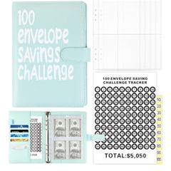 Money Saving Book with Mark Stickers,100 Envelope Challenge Binder for Cash Stuffing Saving Book with Cash Envelopes for School Home Office Blue