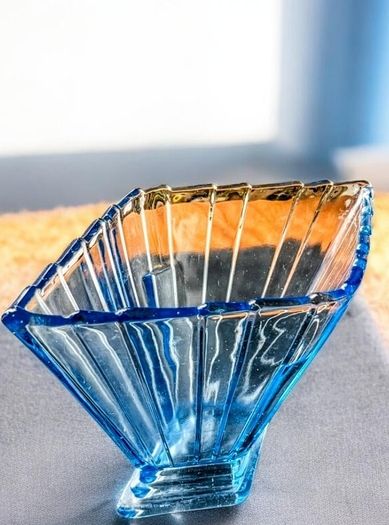 Large Art Deco blue pressed glass vase