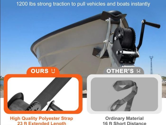Hand Winch, 544.3 kg Pulling Capacity, Boat Trailer Winch Heavy Duty Rope Crank with 701 cm Polyester Strap and Two-Way Ratchet, Manual Operated Hand Crank Winch for Trailer, Boat or ATV Towing