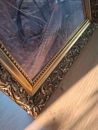 Vintage 1970s framed art print titled "Pheasant and Wagon Wheel" by American Wildlife Artist Robert K. Abbett