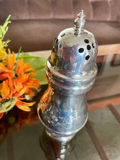 Vintage Silver Plated Sugar Caster or Shaker Baluster Shaped Body Floral foliate Engraving