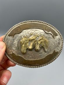 Vintage Alpaca Mexico Western Belt Buckle - Three Horse Heads, Floral Engravings
