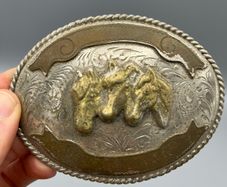 Vintage Alpaca Mexico Western Belt Buckle - Three Horse Heads, Floral Engravings
