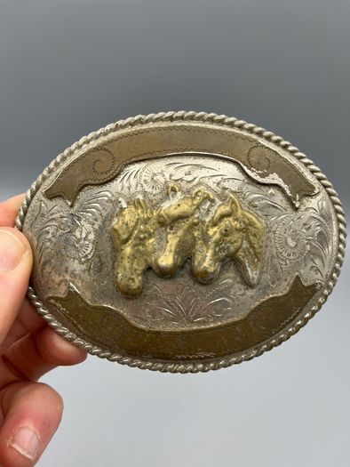 Vintage Alpaca Mexico Western Belt Buckle - Three Horse Heads, Floral Engravings