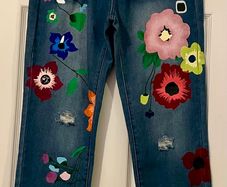 Denim Painted Flower Jeans - Size 14/16