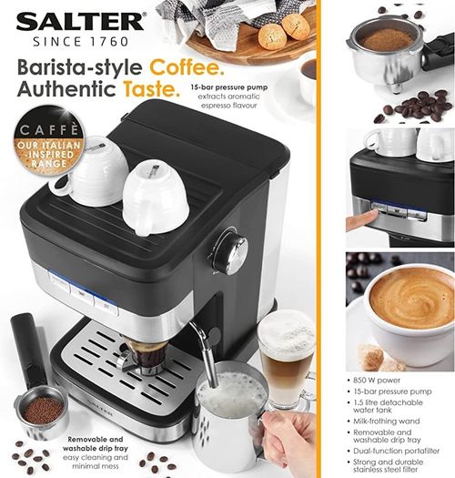 Caffe Espresso Pro Maker, 15-Bar Pressure Pump, Barista-Style Coffee/Latte/Cappuccino Machine, Makes 2 Cups at Once, Includes Milk Frothing Wand, Stainless Steel Filter, Black
