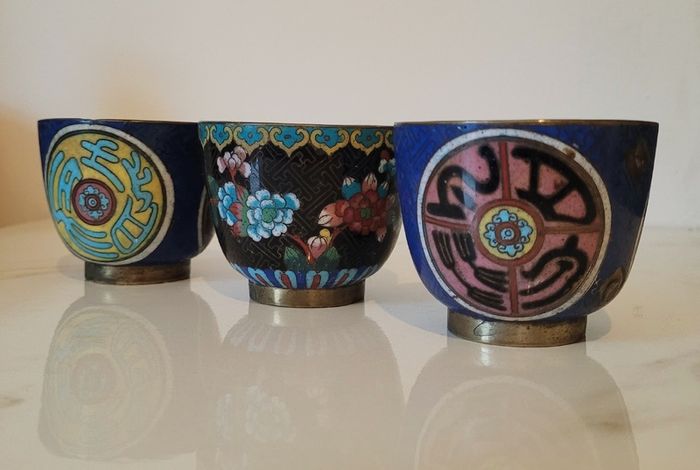 Antique trio of cloisonne cups