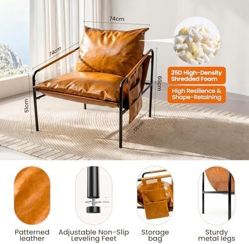 Faux leather Armchair Comfy Accent Chair with Sturdy Metal Frame Wood Armrest And bag Living Room chairs Soft Cushion Lounge couch sofa Chair Oversized Reading chair for Bedroom Patio Porch
