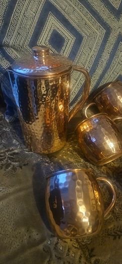 Copper pitcher, 4 cups and measuring cup