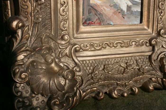 Antique Small oil on canvas painting and gold Louis Style French Deluxe Antique Frame (13,5" x 15,5")