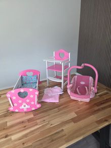 Dolls crib, high chair and car seat