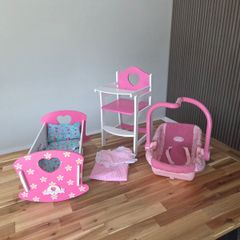 Dolls crib, high chair and car seat