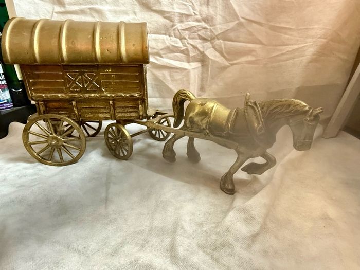 Heavy Solid Brass Horse And Gypsy Caravan