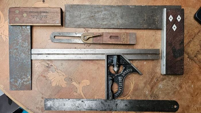 Squares, sliding bevel and ruler