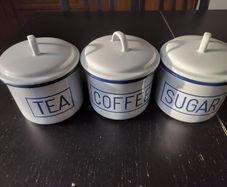 USED Enamel Tea, coffee, sugar caddies / canisters bundle