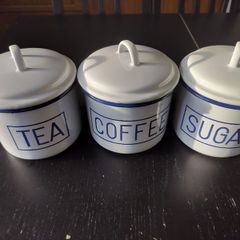 USED Enamel Tea, coffee, sugar caddies / canisters bundle