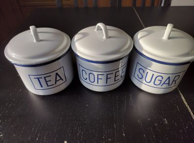 USED Enamel Tea, coffee, sugar caddies / canisters bundle